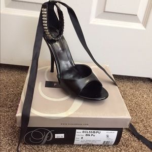 Black open toe tie up heels