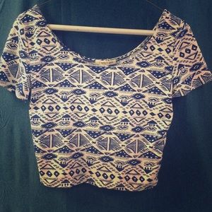 Blue and white tribal print crop top