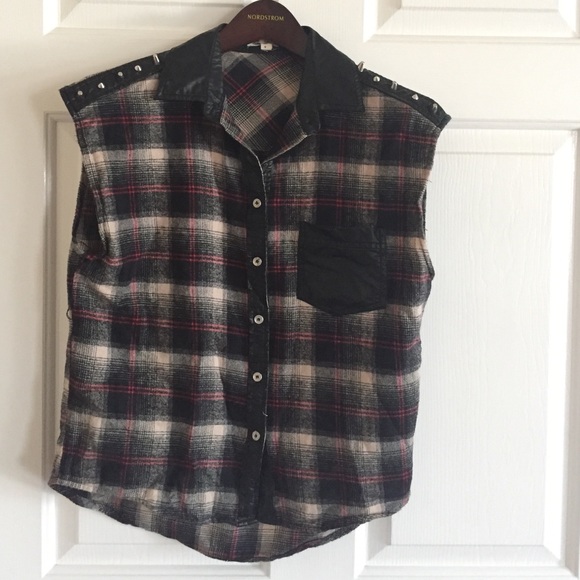 Flannel and Leather Spiked Cut Off Shirt - Picture 2 of 4