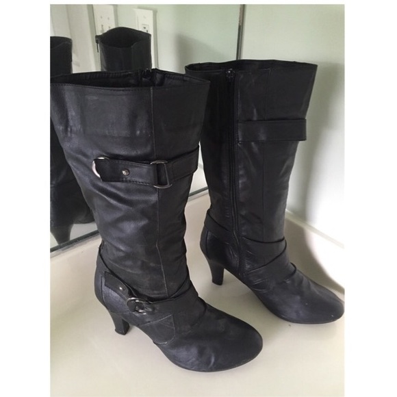 Black faux leather boots with heel