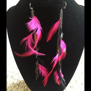 Black and pink feathered earrings