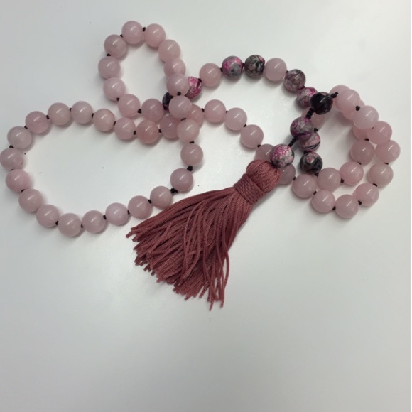 Long Pink Beaded Tassel Necklace with Rose Quartz