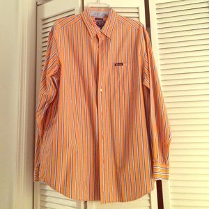 Men's orange and blue striped button down