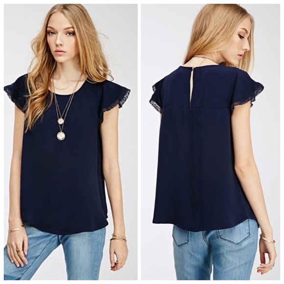 Forever 21 Tops - Lace Trimmed Flutter Sleeve Top