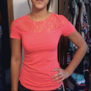 Coral/neon t shirt with lace neckline