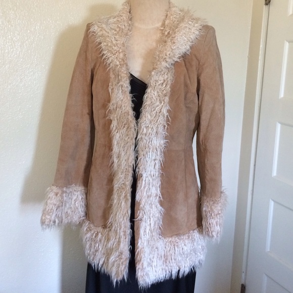 Real leather coat with faux fur collar and cuffs