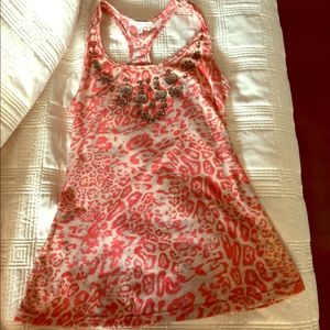 Coral cheetah design top with jewel beads