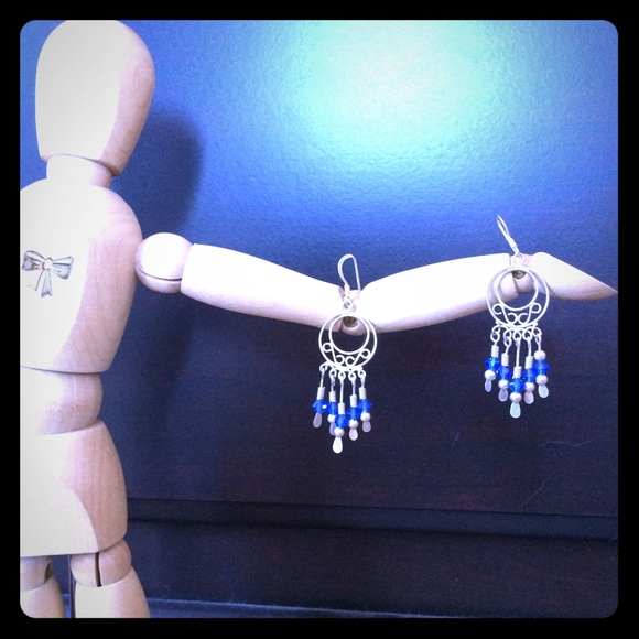 Blue and silver dream catcher dangly earrings