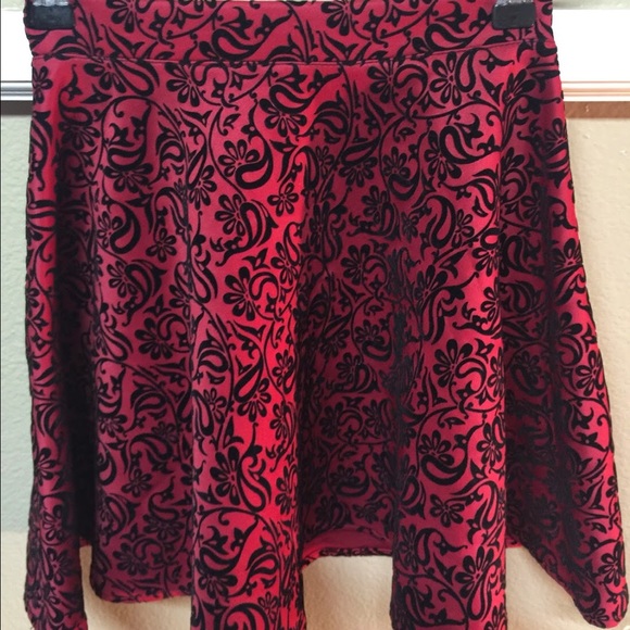 Red and Black Velvet Floral Print Circle Skirt