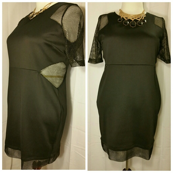 Gold Simmer Mesh Cutout Scuba Little Black Dress