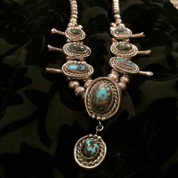 Navajo squash blossom turquoise necklace - Picture 2 of 4