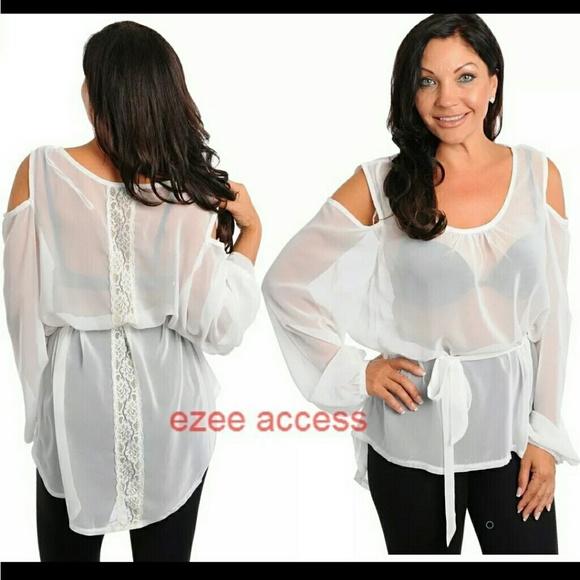 Plus size Ivory sheer open shoulder tunic top sexy - Picture 2 of 2