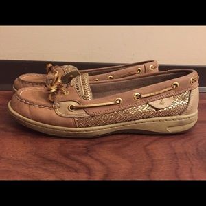 Size 8 Sperry's with gold snakeskin print