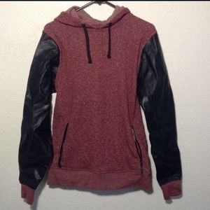 RED HOODIE W/LEATHER SLEEVES