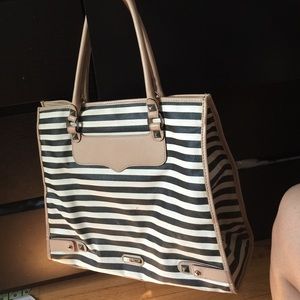 Striped black and cream tote bag w/ beige details