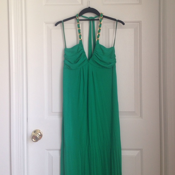 Emerald green wi/gold chain link detail maxi dress