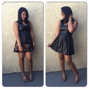 Black Faux Leather Skater Dress
