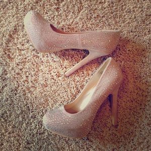 Nude & rhinestone faux suede heel