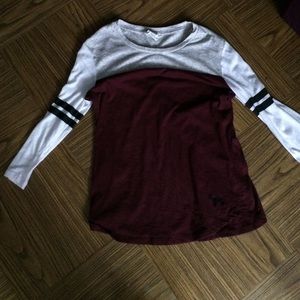 Maroon and white 3/4 sleeve varsity tshirt