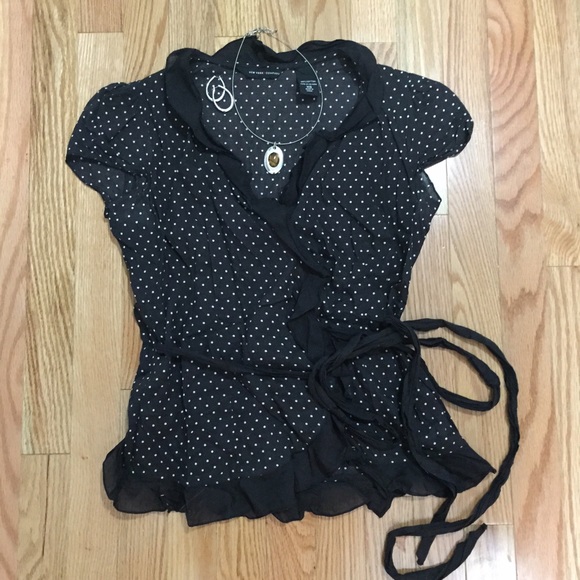 New York & Company Tops - NY&C Brown w/ White Polka Dots Wrap Ruffle Top