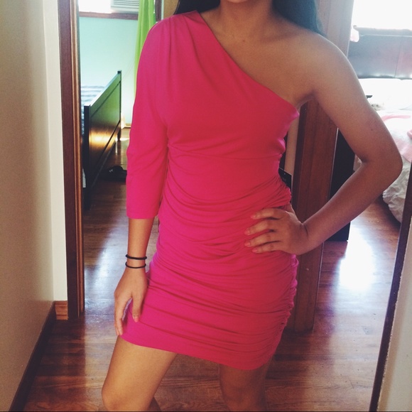 Hot pink one sleeve Express bodycon dress in small