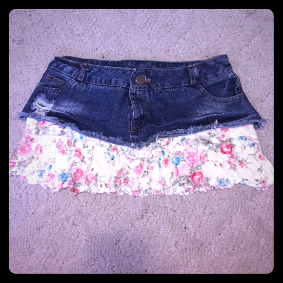 Sheer Paneled Denim Mini Skirt with Lace Pink Floral Pastel Bottom Navy