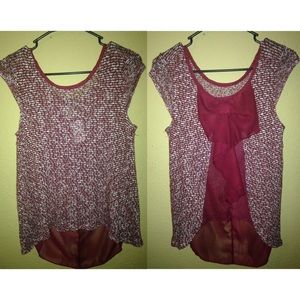 maroon and white blouse with sheer bow back