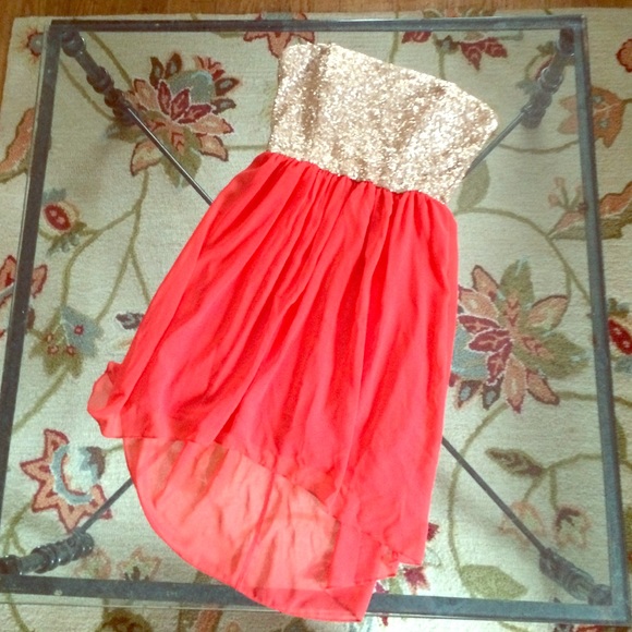 Orange and Gold Sequin Hi-Lo dress
