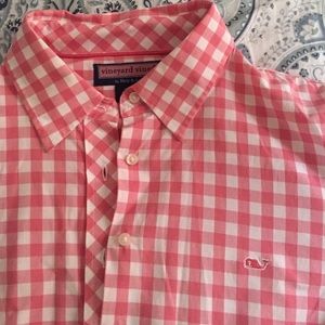 Vineyard Vines pink plaid Oxford button-up.