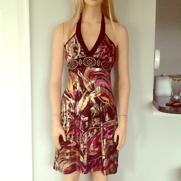 Sexy Slinky Blk Printed Halter Dress W/ Stud Waist