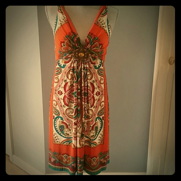 Orange green red Muse Dress. Paisley open back, LN