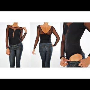 Plain Sheer Cleavage Long Mesh Sleeve Bodysuit