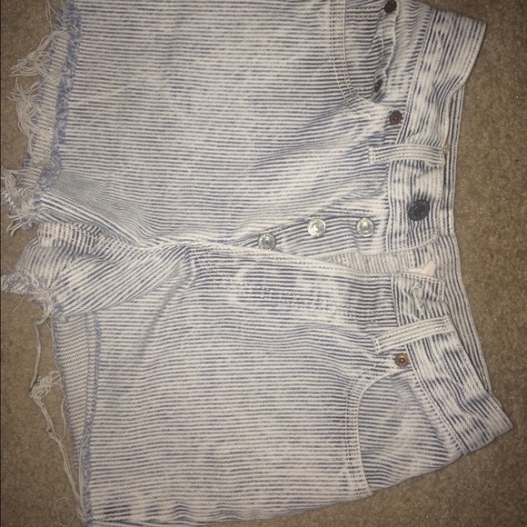 Blue and white striped distressed denim short