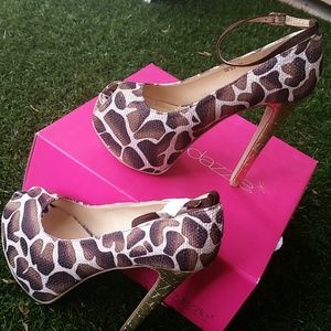 Giraffe Print Peep Toe and Gold Heels with Strap