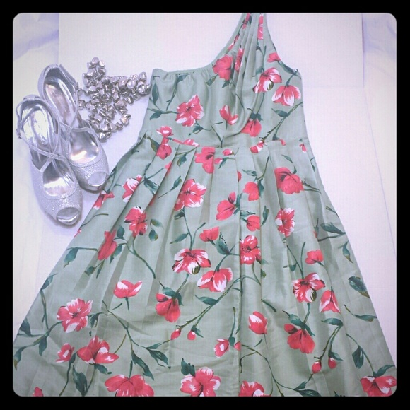 Express Green Pink One-Shoulder Pleated Dress