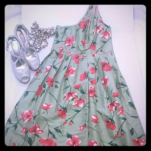 Express Green Pink One-Shoulder Pleated Dress