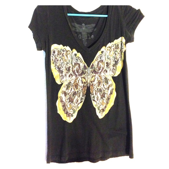 Vintage Charcoal Butterfly Print V-neck