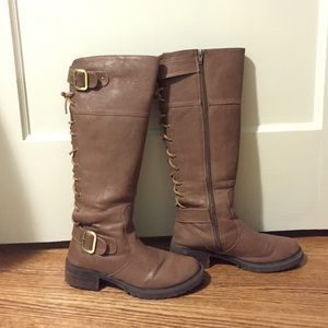 Tan lace up tall riding boots