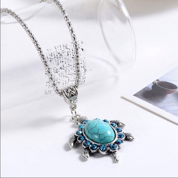 Silver turquoise retro turtle necklace earrings - Picture 2 of 4