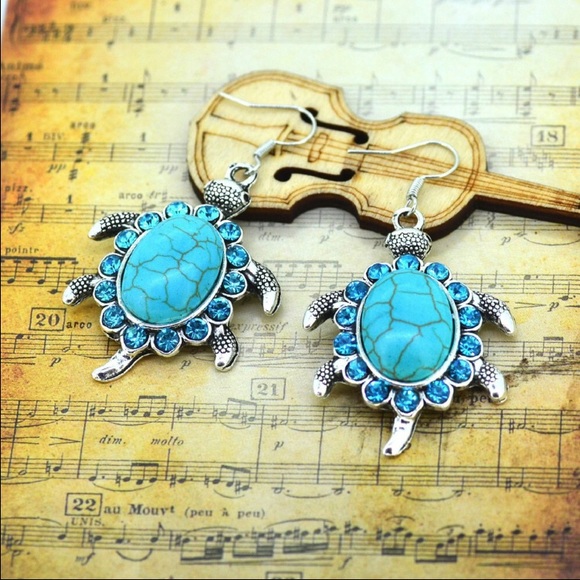 Silver turquoise retro turtle necklace earrings - Picture 3 of 4