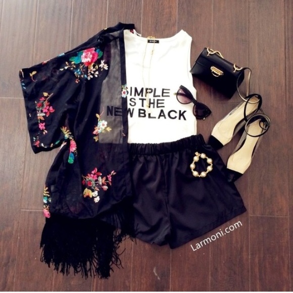 Tops - Black Floral Fringe Kimono