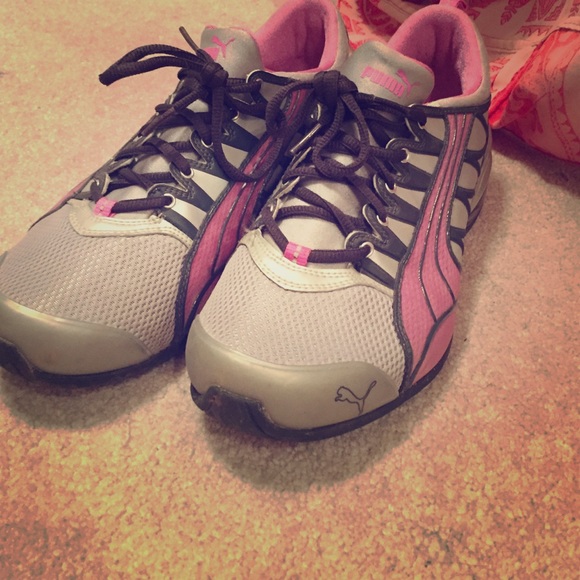 Pink and Grey Puma tennis shoes
