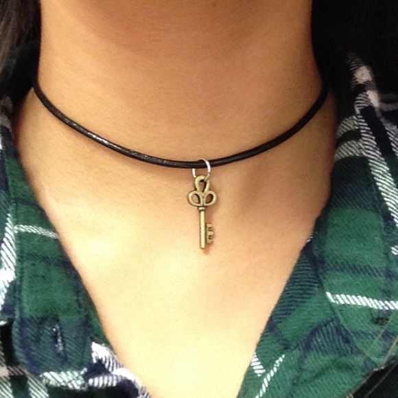 Handmade Brass Key Charm Black Leather Cord Choker