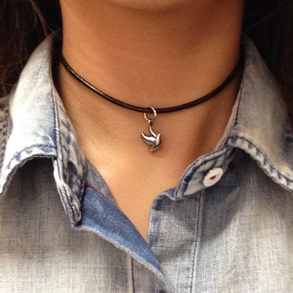 Handmade Dove Charm Black Leather Cord Choker