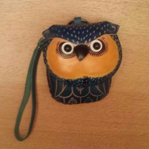 Handmade Leather Owl Zipper Pouch with wrist strap