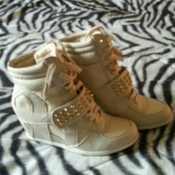 Beige Studded Sneaker Wedges