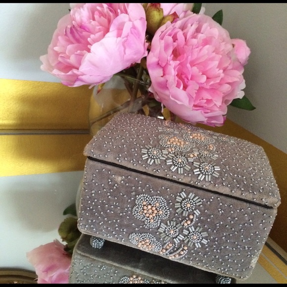Anthropologie small grey beaded cushy jewelry box