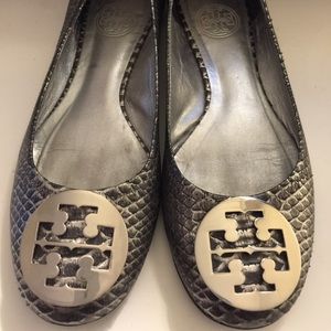 Tory Burch Metallic Silver Snake Skin Reva Flats