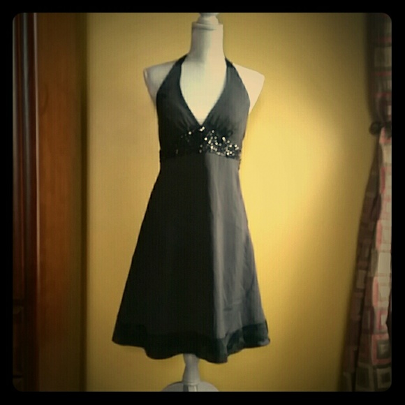 WHBM black halter open back beaded dress 6 LN - Picture 1 of 4