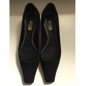 Prada Square Toe Black Suede Kitten Heel Pumps